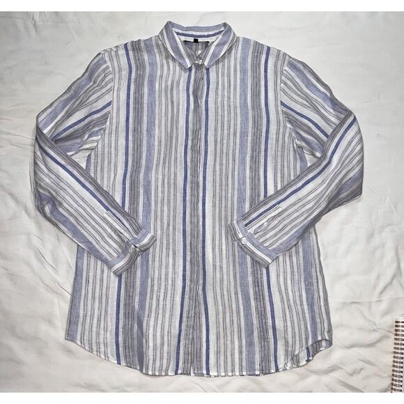 Lafayette 148 Shirt Women's Size S Blue Striped Button Up Long Sleeve 100% Linen - Picture 1 of 12